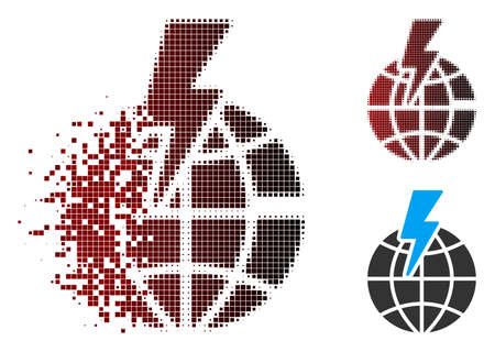 Vector global shock icon in dispersed, dotted halftone and undamaged solid versions. Disappearing effect involves rectangle scintillas and horizontal gradient from red to black.のイラスト素材