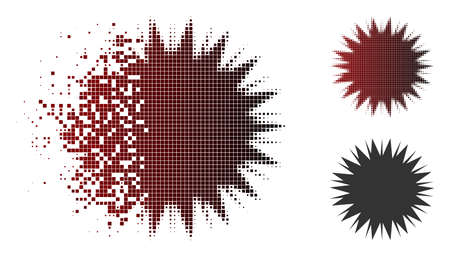 Vector microbe spore icon in sparkle, pixelated halftone and undamaged whole variants. Disappearing effect uses rectangular particles and horizontal gradient from red to black.のイラスト素材
