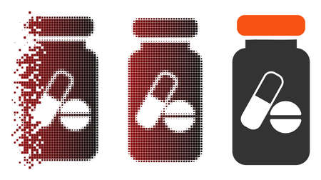 Vector drugs phial icon in dispersed, dotted halftone and undamaged whole versions. Disintegration effect uses rectangular sparks and horizontal gradient from red to black.のイラスト素材