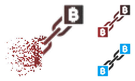 Vector Bitcoin blockchain icon in sparkle, pixelated halftone and undamaged entire variants. Disappearing effect uses rectangle scintillas and horizontal gradient from red to black.のイラスト素材
