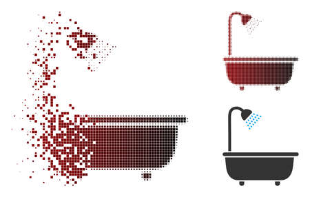 Vector bath shower icon in dissolved, dotted halftone and undamaged whole versions. Disintegration...