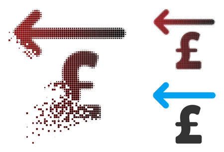 Vector cashback pound icon in dispersed, pixelated halftone and undamaged whole versions. Disappearing effect uses square sparks and horizontal gradient from red to black.のイラスト素材