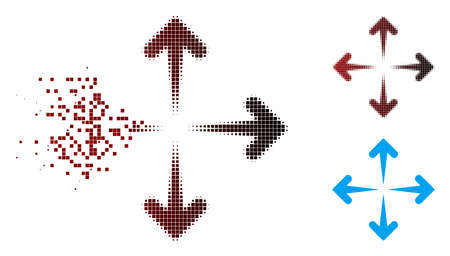 Vector expand arrows icon in sparkle, dotted halftone and undamaged whole variants. Disappearing effect uses square scintillas and horizontal gradient from red to black.のイラスト素材