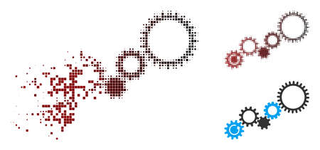 Vector gear mechanism icon in fractured, pixelated halftone and undamaged whole versions. Disintegration effect involves rectangle scintillas and horizontal gradient from red to black.のイラスト素材