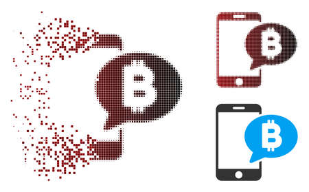Vector phone Bitcoin SMS icon in dispersed, pixelated halftone and undamaged whole versions. Disintegration effect uses square particles and horizontal gradient from red to black.のイラスト素材