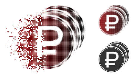Vector rouble coins icon in fractured, dotted halftone and undamaged entire versions. Disappearing effect uses rectangular sparks and horizontal gradient from red to black.のイラスト素材