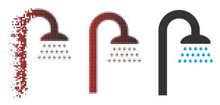 Vector shower icon in fractured, dotted halftone and undamaged entire variants. Disappearing effect involves rectangular particles and horizontal gradient from red to black.のイラスト素材