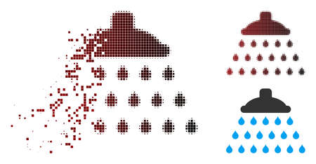 Vector shower icon in fractured, pixelated halftone and undamaged solid variants. Disappearing effect uses rectangular particles and horizontal gradient from red to black.のイラスト素材