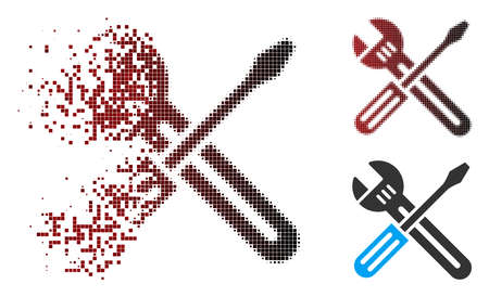 Vector spanner and screwdriver icon in dispersed, pixelated halftone and undamaged whole versions. Disappearing effect uses square particles and horizontal gradient from red to black.のイラスト素材