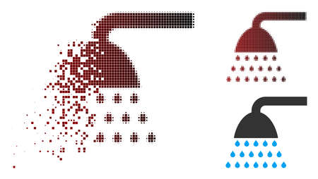 Vector shower icon in dissolved, pixelated halftone and undamaged solid variants. Disappearing effect uses rectangular dots and horizontal gradient from red to black.のイラスト素材