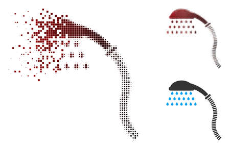 Vector shower icon in fractured, pixelated halftone and undamaged whole variants. Disappearing effect uses rectangle sparks and horizontal gradient from red to black.のイラスト素材