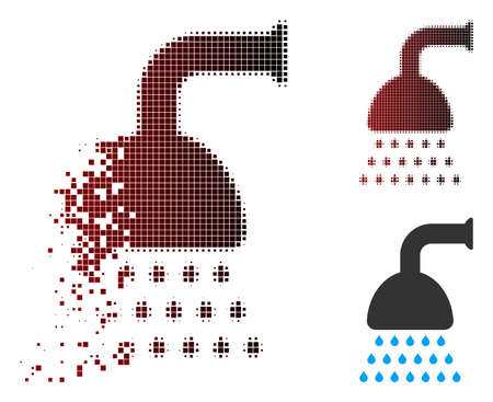 Vector shower icon in sparkle, dotted halftone and undamaged whole variants. Disappearing effect involves rectangular sparks and horizontal gradient from red to black.のイラスト素材
