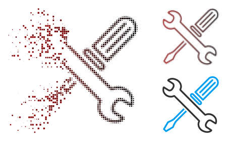 Vector tuning tools icon in fractured, dotted halftone and undamaged solid versions. Disintegration effect involves rectangle particles and horizontal gradient from red to black.のイラスト素材
