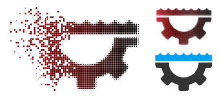 Vector water service gear icon in dissolved, pixelated halftone and undamaged solid versions. Disintegration effect involves rectangle sparks and horizontal gradient from red to black.のイラスト素材