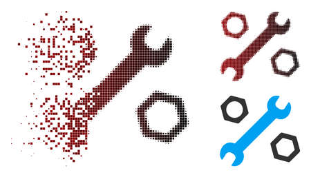 Vector wrench and nuts icon in sparkle, dotted halftone and undamaged solid versions. Disappearing effect uses rectangular sparks and horizontal gradient from red to black.のイラスト素材