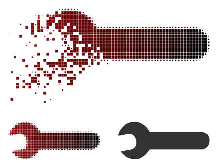 Vector wrench icon in sparkle, pixelated halftone and undamaged entire versions. Disappearing effect involves rectangle particles and horizontal gradient from red to black.のイラスト素材
