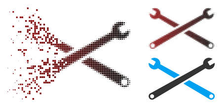 Vector wrenches icon in fractured, dotted halftone and undamaged whole variants. Disappearing effect uses square particles and horizontal gradient from red to black.のイラスト素材