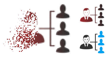 Vector distribution manager icon in dispersed, pixelated halftone and undamaged entire versions. Disintegration effect uses rectangular sparks and horizontal gradient from red to black.