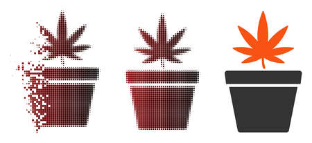 Vector cannabis pot icon in dissolved, dotted halftone and undamaged entire variants. Disintegration effect uses rectangle particles and horizontal gradient from red to black.のイラスト素材