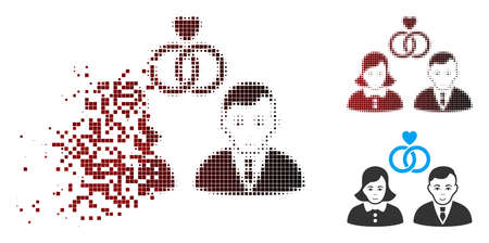 Vector people marriage icon in dissolved, pixelated halftone and undamaged solid versions. Disintegration effect involves rectangle particles and horizontal gradient from red to black.のイラスト素材
