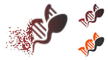 Vector sperm replication icon in dissolved, pixelated halftone and undamaged solid versions. Disappearing effect uses rectangle dots and horizontal gradient from red to black.のイラスト素材