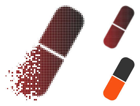 Vector capsule icon in dispersed, dotted halftone and undamaged solid versions. Disappearing effect uses square sparks and horizontal gradient from red to black.のイラスト素材