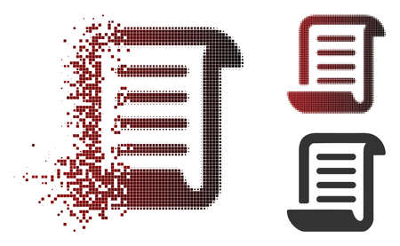 Vector paper roll icon in fractured, pixelated halftone and undamaged entire versions. Disintegration effect involves rectangle sparks and horizontal gradient from red to black.のイラスト素材