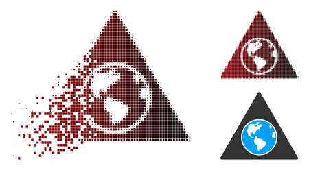 Vector terra triangle icon in dispersed, dotted halftone and undamaged solid variants. Disappearing effect uses rectangular dots and horizontal gradient from red to black.のイラスト素材
