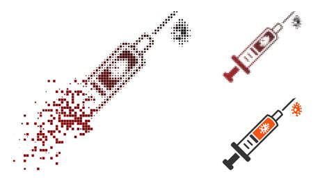 Vector infection injection icon in fractured, dotted halftone and undamaged entire versions. Disappearing effect uses square dots and horizontal gradient from red to black.のイラスト素材