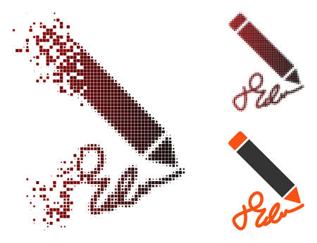 Vector writing pencil icon in fractured, pixelated halftone and undamaged whole versions. Disappearing effect involves square scintillas and horizontal gradient from red to black.のイラスト素材