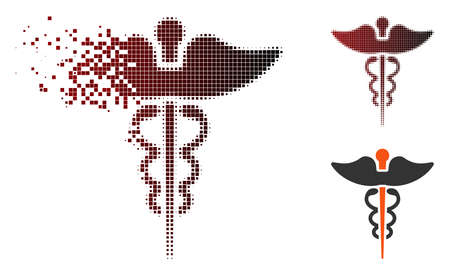 Vector caduceus icon in dispersed, pixelated halftone and undamaged entire versions. Disappearing effect involves square particles and horizontal gradient from red to black.のイラスト素材