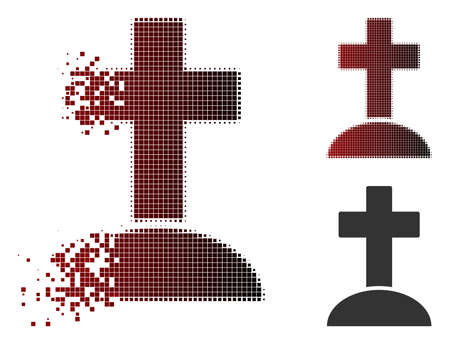 Vector grave icon in dispersed, dotted halftone and undamaged whole versions. Disappearing effect involves square sparks and horizontal gradient from red to black.のイラスト素材