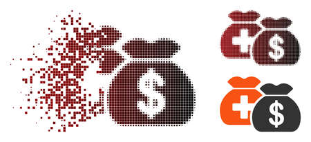 Vector medical fund bags icon in sparkle, pixelated halftone and undamaged entire variants. Disappearing effect involves rectangle dots and horizontal gradient from red to black.のイラスト素材