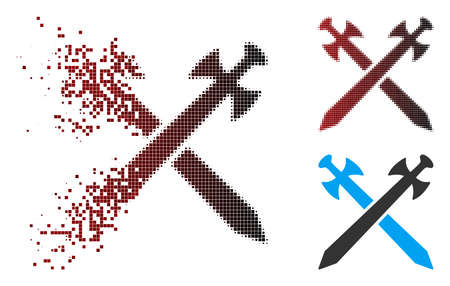 Vector medieval swords icon in sparkle, pixelated halftone and undamaged whole versions. Disappearing effect involves rectangular dots and horizontal gradient from red to black.のイラスト素材