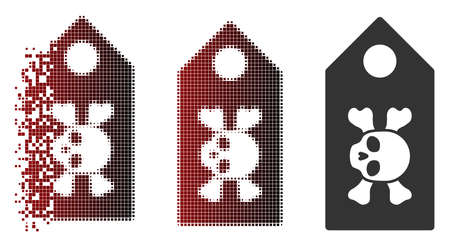 Vector death label icon in dissolved, pixelated halftone and undamaged solid versions. Disappearing effect involves rectangular sparks and horizontal gradient from red to black.のイラスト素材