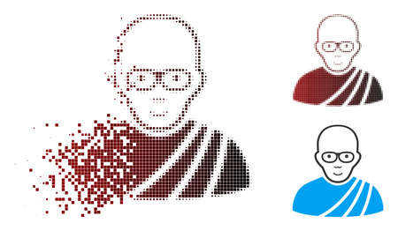 Vector buddhist monk icon in dispersed, dotted halftone and undamaged whole versions. Disintegration effect involves square sparks and horizontal gradient from red to black.のイラスト素材