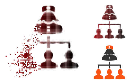 Vector nurse patients connections icon in fractured, dotted halftone and undamaged entire versions. Disappearing effect involves rectangular dots and horizontal gradient from red to black.のイラスト素材
