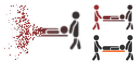 Vector patient stretcher icon in fractured, dotted halftone and undamaged whole variants. Disappearing effect involves rectangle scintillas and horizontal gradient from red to black.のイラスト素材