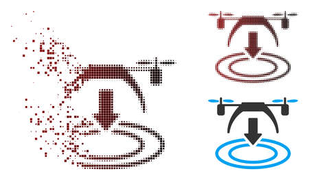 Vector copter landing icon in dispersed, dotted halftone and undamaged entire versions. Disappearing effect involves rectangular particles and horizontal gradient from red to black.のイラスト素材