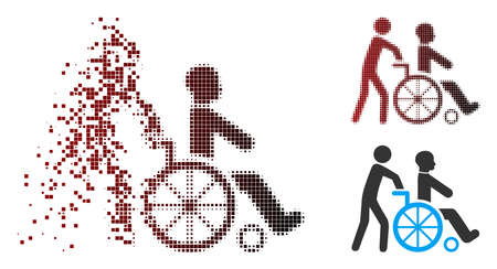Vector disabled person transportation icon in dissolved, dotted halftone and undamaged solid variants. Disintegration effect uses square particles and horizontal gradient from red to black.のイラスト素材