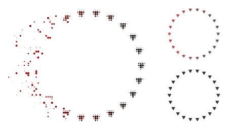 Vector dotted circle icon in dispersed, pixelated halftone and undamaged entire variants. Disappearing effect uses square dots and horizontal gradient from red to black.のイラスト素材