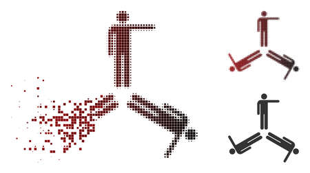 Vector pointing men icon in fractured, dotted halftone and undamaged solid versions. Disappearing effect uses rectangular particles and horizontal gradient from red to black.のイラスト素材