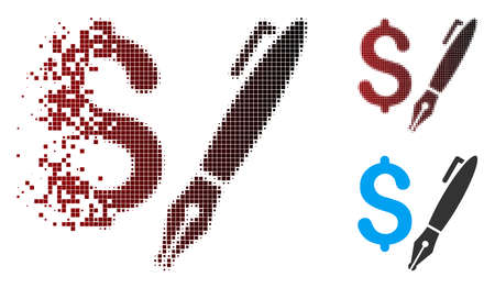 Vector pencil price icon in dissolved, pixelated halftone and undamaged entire variants. Disappearing effect uses rectangular sparks and horizontal gradient from red to black.のイラスト素材
