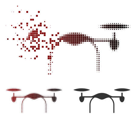 Vector quadcopter icon in sparkle, dotted halftone and undamaged entire versions. Disappearing effect uses rectangular sparks and horizontal gradient from red to black.のイラスト素材