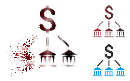 Vector bank organization icon in dissolved, dotted halftone and undamaged solid variants. Disintegration effect involves rectangular sparks and horizontal gradient from red to black.のイラスト素材