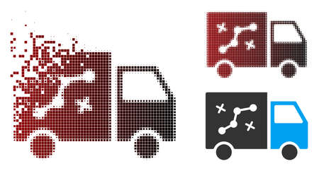 Vector route van icon in sparkle, dotted halftone and undamaged solid variants. Disappearing effect uses square scintillas and horizontal gradient from red to black.のイラスト素材