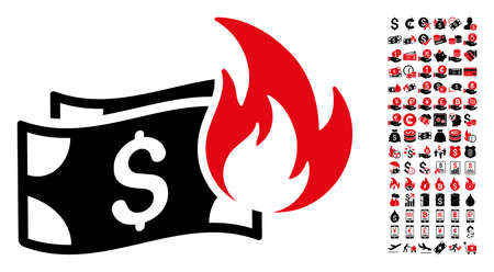 Burn dollar banknotes icon. Vector illustration style is flat iconic symbols in black and red colors. Bonus contains 90 icons designed for business and commercial applications.のイラスト素材