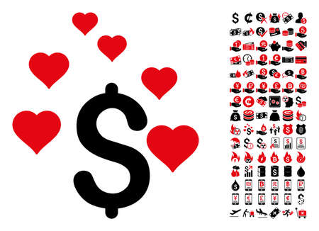 Dollar love hearts icon. Vector illustration style is flat iconic symbols in black and red colors. Bonus contains 90 icons designed for business and commercial applications.のイラスト素材