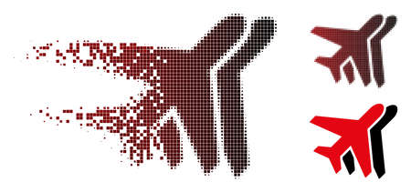 Vector airplanes icon in fractured, pixelated halftone and undamaged solid variants. Disintegration effect involves rectangular particles and horizontal gradient from red to black.のイラスト素材
