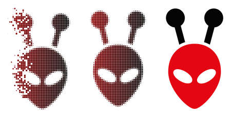 Vector antenna alien head icon in dispersed, pixelated halftone and undamaged entire variants. Disintegration effect uses rectangular sparks and horizontal gradient from red to black.のイラスト素材